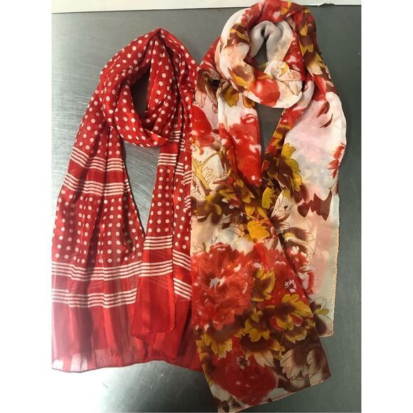 Bundle of 2 Scarfs Women’s Red Floral and Red Polka Dot Long Medium Scarf Bundle - Picture 1 of 7